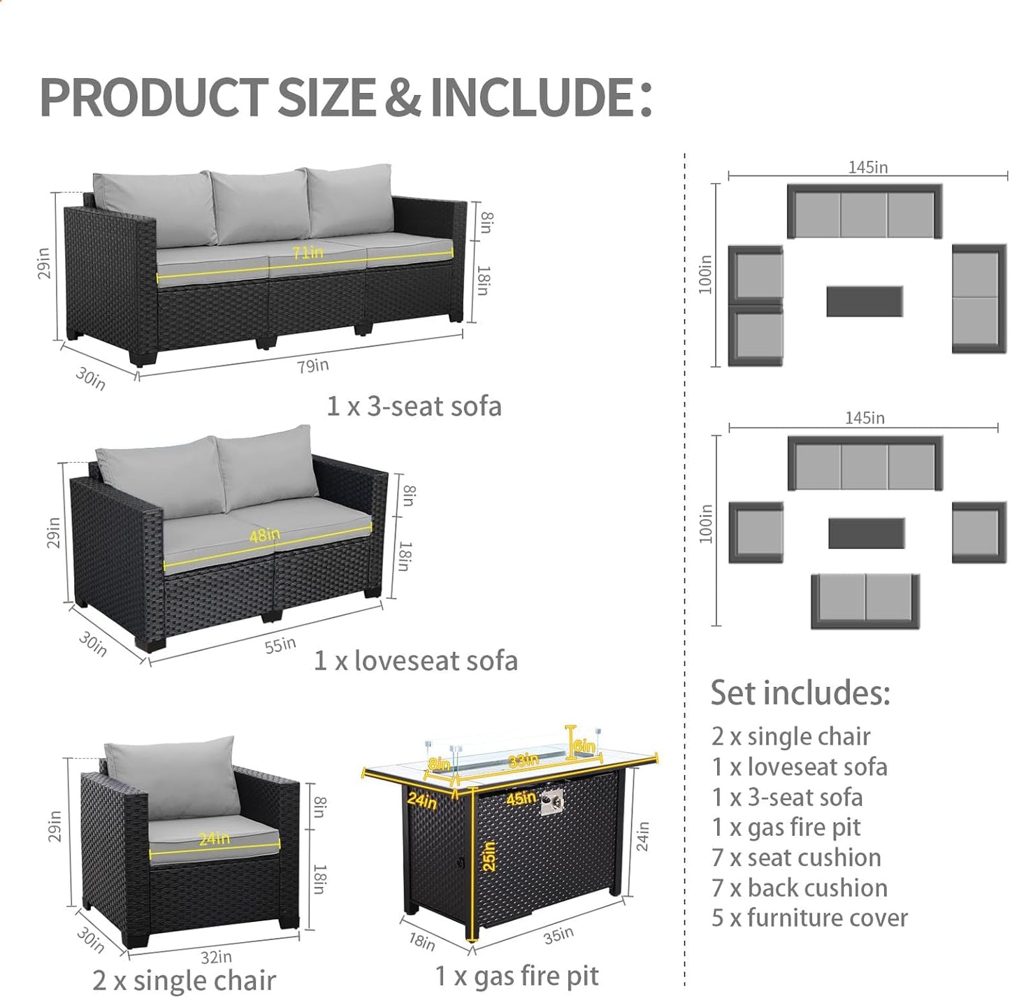 5 Pcs Outdoor Furniture Sets Patio Furniture Set with 45" Fire Pit