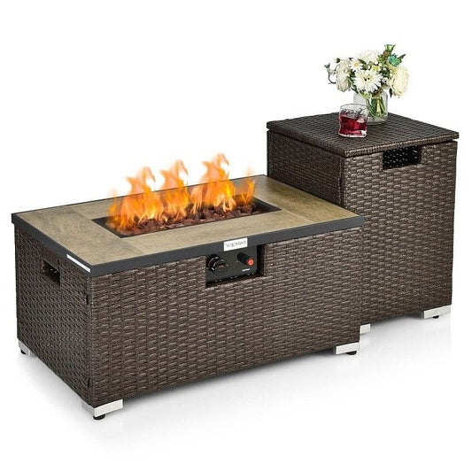 Outdoor Propane Fire Pit with Side Table Tank Holder in Brown PE